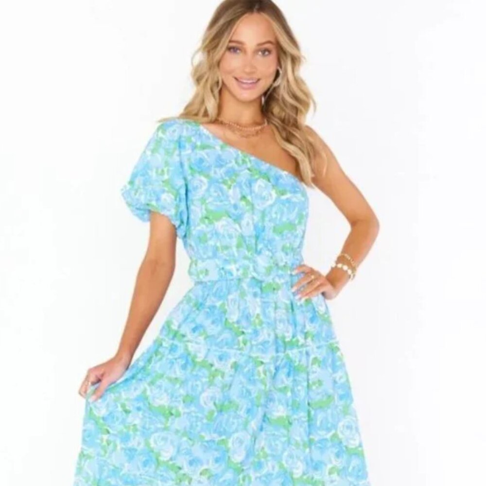 Show Me Your Mumu One Shoulder Blue Floral Midi Dress Ruffle Cottage Garden
